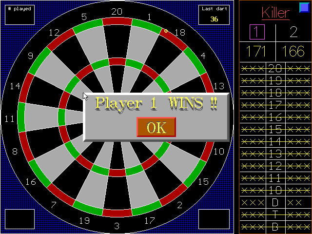 R.S.A Darts (DOS) screenshot: The announcement of the winner is also nice and clear. I think I was player 1.