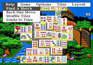 Shanghai II: Dragon's Eye (Genesis) screenshot: Drop down menus are revealed by pressing start