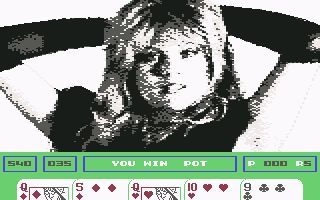 Samantha Fox Strip Poker (Commodore 64) screenshot: Still winning...