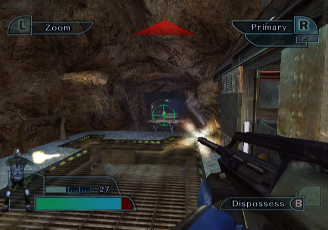 Geist (GameCube) screenshot: Firing at enemy soldiers...I think I got them...