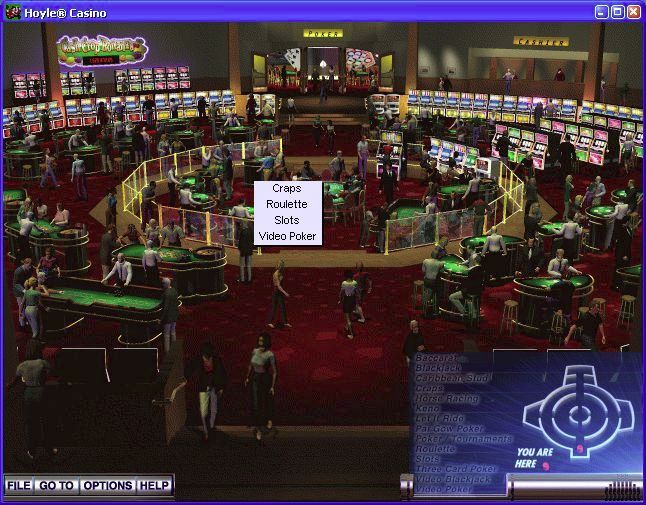 Hoyle Casino (Windows) screenshot: The casino floor. Games can be accessed via the GO TO button in the lower left, by selecting an area of the mini map in the lower right or by clicking on the floor itself