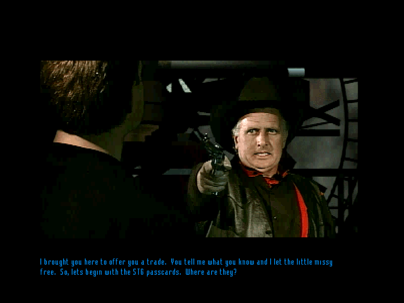 Tex Murphy: Overseer (Windows) screenshot: Usually the man with the gun has a strong persuading power...