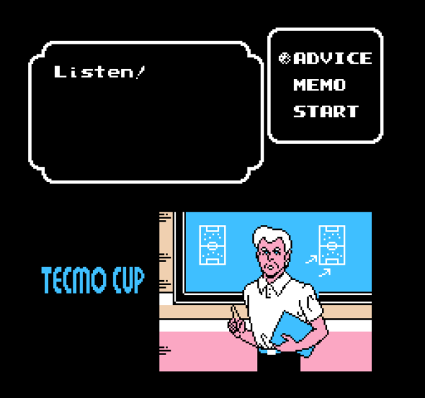 Tecmo Cup: Soccer Game (NES) screenshot: A meeting before the match.