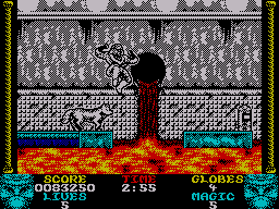 Shadow Dancer (ZX Spectrum) screenshot: Time your jump carefully as the lava results in instant death