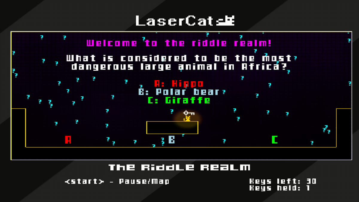 LaserCat (Xbox 360) screenshot: You need to correctly answer a trivia question or riddle to collect each key.