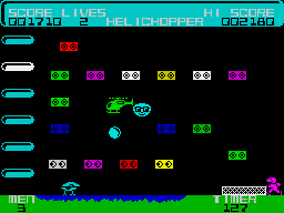 Helichopper (ZX Spectrum) screenshot: Level 3 adds abrriers to be shot out - these respawn