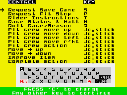 Endurance (ZX Spectrum) screenshot: Key settings