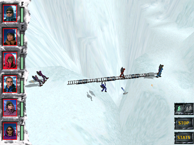 Everest (Windows) screenshot: Crossing a rickety ladder bridge