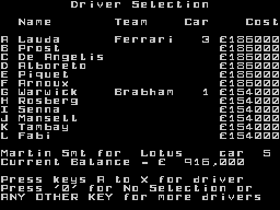 Formula One (ZX Spectrum) screenshot: The drivers are all open-market at the start
