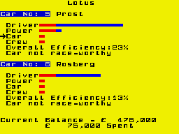 Formula One (ZX Spectrum) screenshot: Trying to get the cars race-worthy