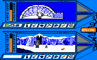 Spy vs. Spy III: Arctic Antics (Amstrad CPC) screenshot: If you lose body heat, you can warm yourself in front of the fire