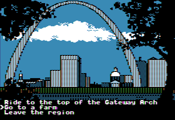 The Spy's Adventures in North America (Apple II) screenshot: There are many locations to visit (Hi-Res mode)