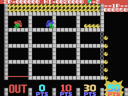 Lot Lot (MSX) screenshot: The balls fall into the 50 points pit. Generating 50 points for each ball.