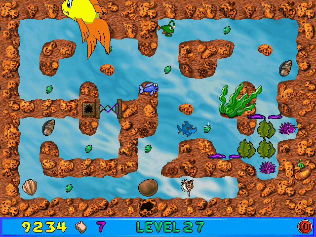 Freddi Fish and Luther's Maze Madness (Windows) screenshot: New elements can be either helpful or annoying, or sometimes both at the same time - here (bottom tight) you can see some seaweed that opens and closes, blocking or clearing your way.