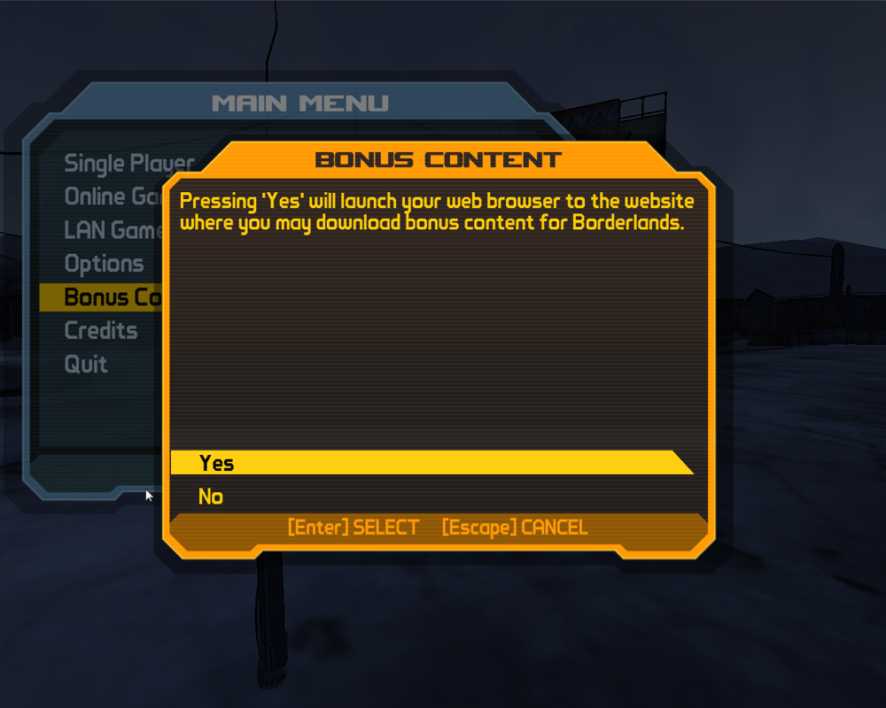Borderlands: Game of the Year Edition (Windows) screenshot: The GotY version I have requires downloading the DLC content from the web. Other versions have the DLC:s included on an extra DVD.