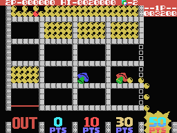 Lot Lot (MSX) screenshot: Move the first arrow to a section that contains balls and press the fire button. The balls will move to the empty section where the second arrow is located.