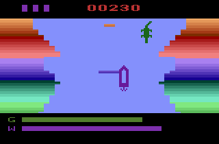 River Patrol (Atari 2600) screenshot: Watch out for the alligator and rocks