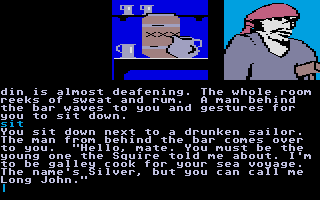 Treasure Island (Atari ST) screenshot: In the tavern. Long John Silver makes his appearance.