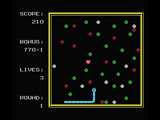 Snake It (MSX) screenshot: Eat the hearts for bonuses