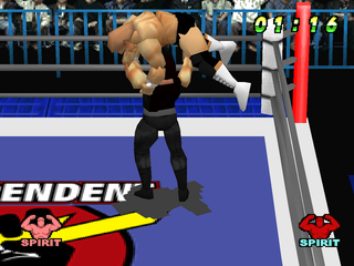 WCW vs. the World (PlayStation) screenshot: Luger lifted by Sting.