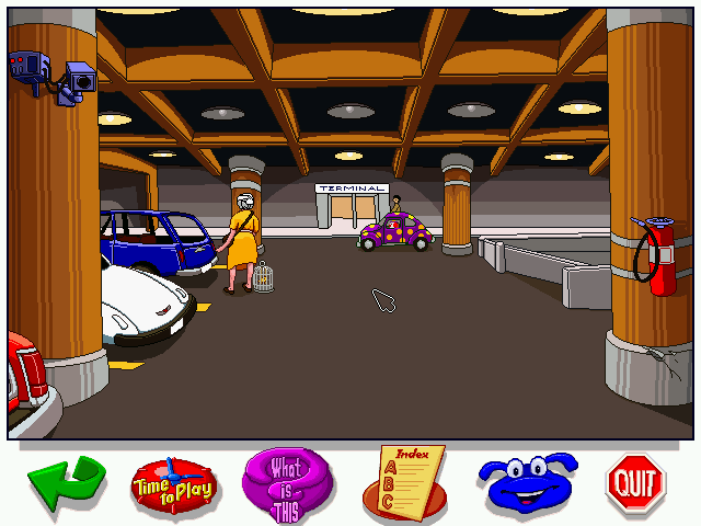Let's Explore The Airport (Windows) screenshot: The airport garage with a very funny car - I'd have nothing against such cars in the streets.