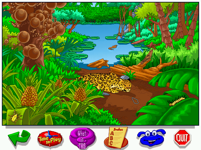Let's Explore the Jungle (Windows) screenshot: Here you can see the jaguar in its habitat - to find it, first click some bushes around the peccary (luckily, the poor fella will be quicker than the jaguar).