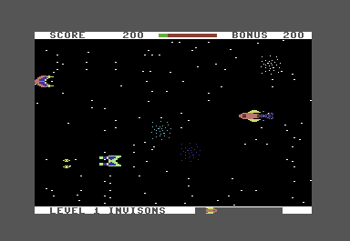 Star Ranger (Commodore 64) screenshot: These ships keep disapearing. They only show up to shoot at you so you have to anticipate where they are flying to.