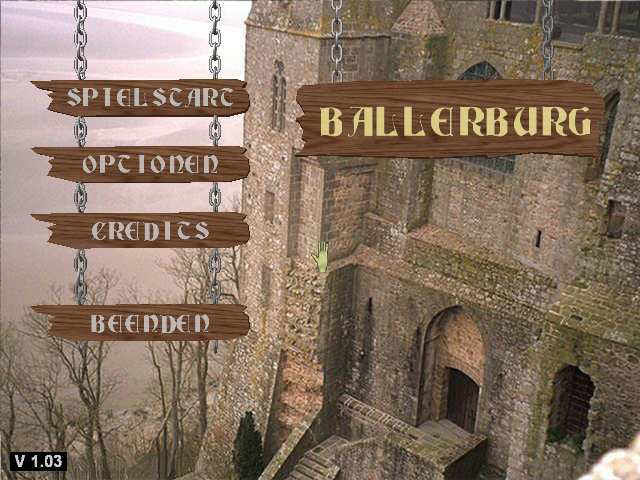 Ballerburg (Windows) screenshot: Main menu - the in-game pointer is a gloved hand, extending one finger when over a selectable hotspot. The in-game options are only for music/sound volume.