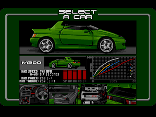 Lotus: The Ultimate Challenge (Amiga) screenshot: One of three selectable cars: The M200