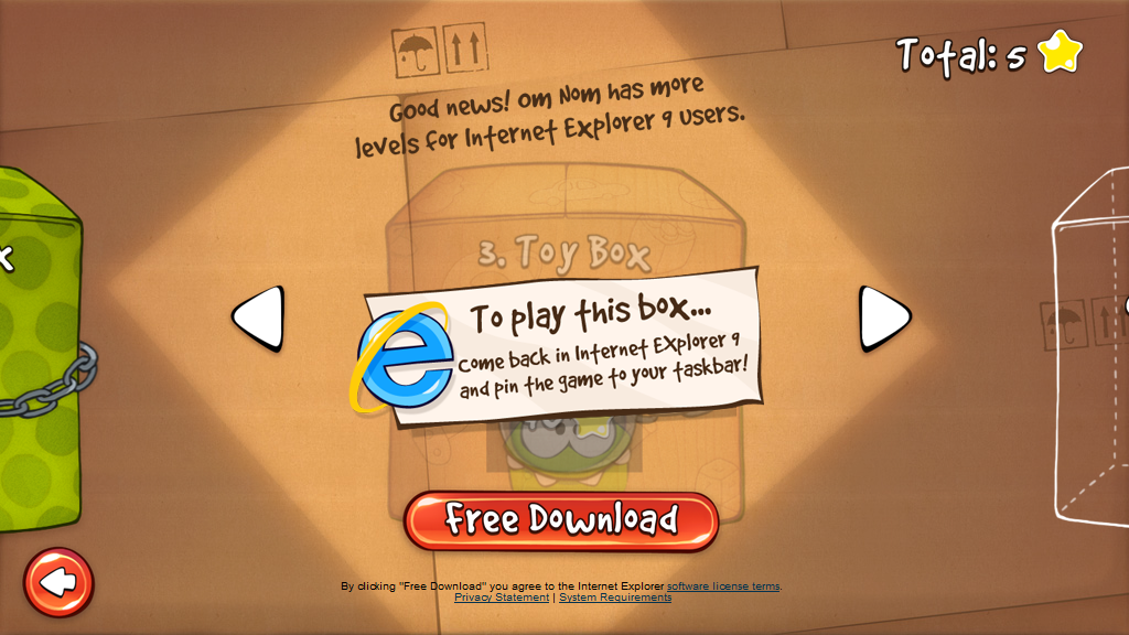 Cut the Rope (Browser) screenshot: More levels are available for IE users