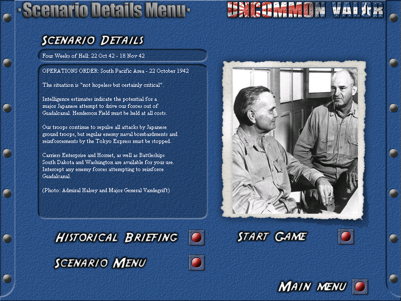 Uncommon Valor: Campaign for the South Pacific (Windows) screenshot: Scenario details menu