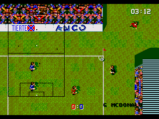 Super Kick Off (Genesis) screenshot: A corner. The typical KO directional swerve is absent from here