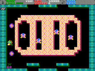 Double Bobble 2000 (Atari ST) screenshot: This level can only be finished by jumping on the flash bubbles and releasing them at the right time