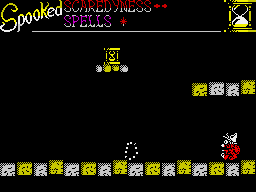 Spooked (ZX Spectrum) screenshot: That red blob is the spell I've collected - notice the attribute problem