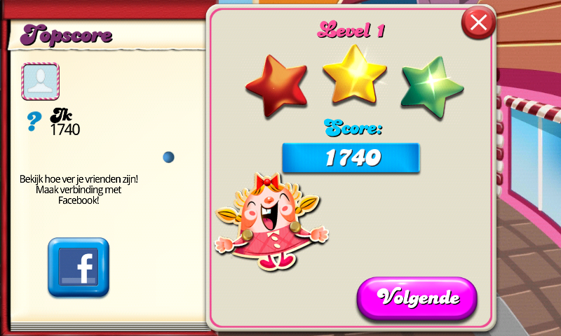 Candy Crush Saga (Android) screenshot: Level result: all three stars achieved (Dutch smartphone version)