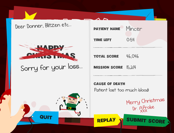 Amateur Surgeon: Christmas Edition (Browser) screenshot: Failure screen
