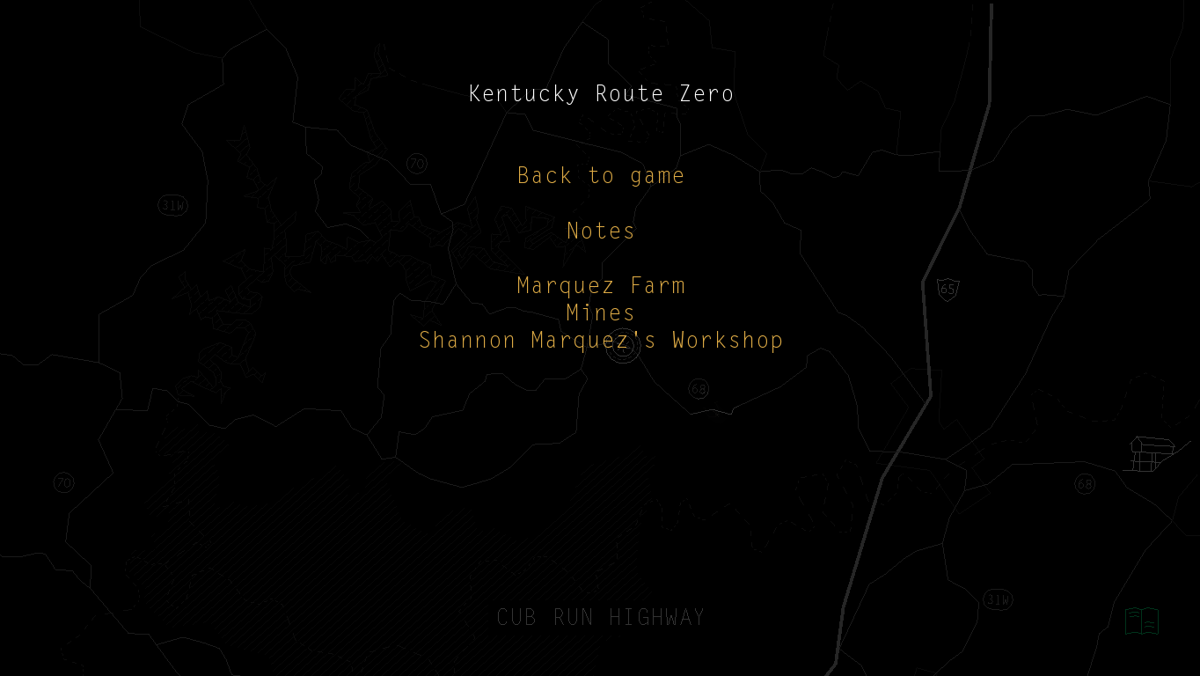 Kentucky Route Zero: Act I (Windows) screenshot: Game menu where you can consult some notes.