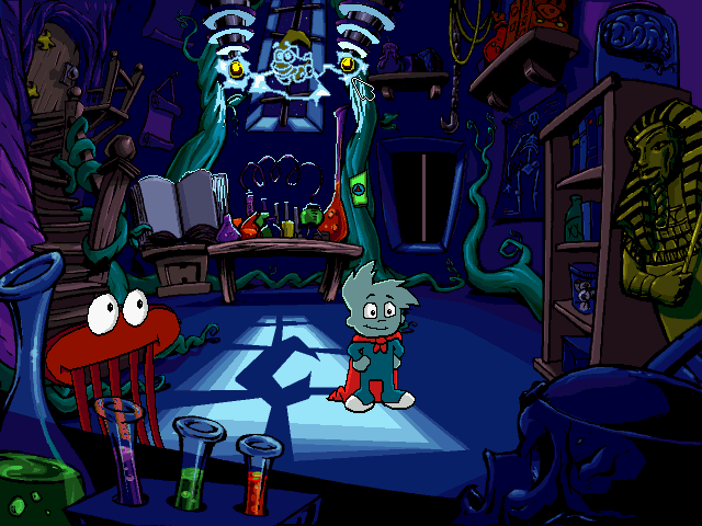 Pajama Sam: No Need to Hide When It's Dark Outside (Windows) screenshot: Look at the electricity - isn't it an image of Putt-Putt? (Unfortunately, inter-game references don't seem too common in Pajama Sam games.)