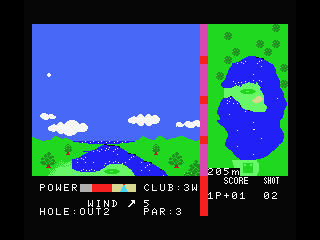 Casio World Open (MSX) screenshot: Where will the ball land? Hopefully not in the water.