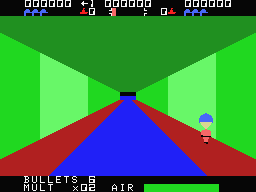 Sewer Sam (MSX) screenshot: A sewer tunnel with a water passage. The distance meter turns red.