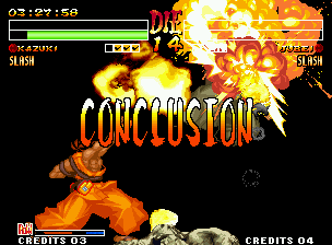Samurai Shodown IV: Amakusa's Revenge (Neo Geo) screenshot: Battle clear: Kazuki beats Jubei in Round 4 using his explosive-grabbing DaiBakuSatsu as his final move!