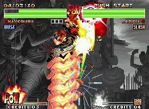 Samurai Shodown IV: Amakusa's Revenge (Neo Geo) screenshot: Nakoruru's super move Nubeki Kamui Shikite remains unaltered, as seen in Samurai Shodown III.