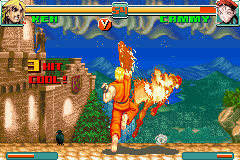 Super Street Fighter II: Turbo Revival (Game Boy Advance) screenshot: Ken applying a flaming 3-hit combo in Cammy with his Shoryuken.