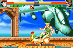 Super Street Fighter II: Turbo Revival (Game Boy Advance) screenshot: Cammy confuses Guile after attacking him using a sweep.