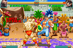 Super Street Fighter II: Turbo Revival (Game Boy Advance) screenshot: Zangief makes the first attack of the battle against T. Hawk: his Banishing Flat.