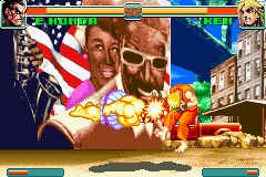 Super Street Fighter II: Turbo Revival (Game Boy Advance) screenshot: With a lucky chance, E. Honda removes some energy of Ken through his Sumo Headbutt.