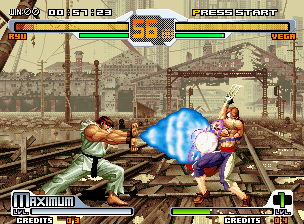 SVC Chaos: SNK vs. Capcom (Neo Geo) screenshot: Ryu's Shinkuu Hadou Ken was blocked by Vega: bad luck to the shotokan fighter... :-(