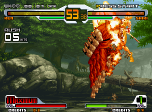 SVC Chaos: SNK vs. Capcom (Neo Geo) screenshot: Taking advantage of his flaming Shouryuu Reppa, Ken Masters shows to Shiki who's the best!