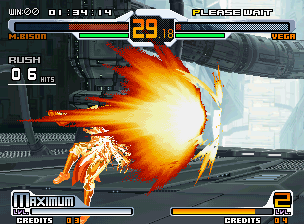 SVC Chaos: SNK vs. Capcom (Neo Geo) screenshot: Vega was seriously burned by Final Psycho Crusher and now the match is totally favorable to M. Bison.