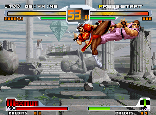 SVC Chaos: SNK vs. Capcom (Neo Geo) screenshot: Chun-Li's Tenshou Kyaku continues up-to-date.